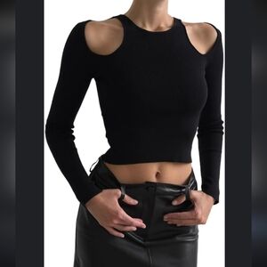 Zara Cold Shoulder Knit Top Size L Long Sleeve Black